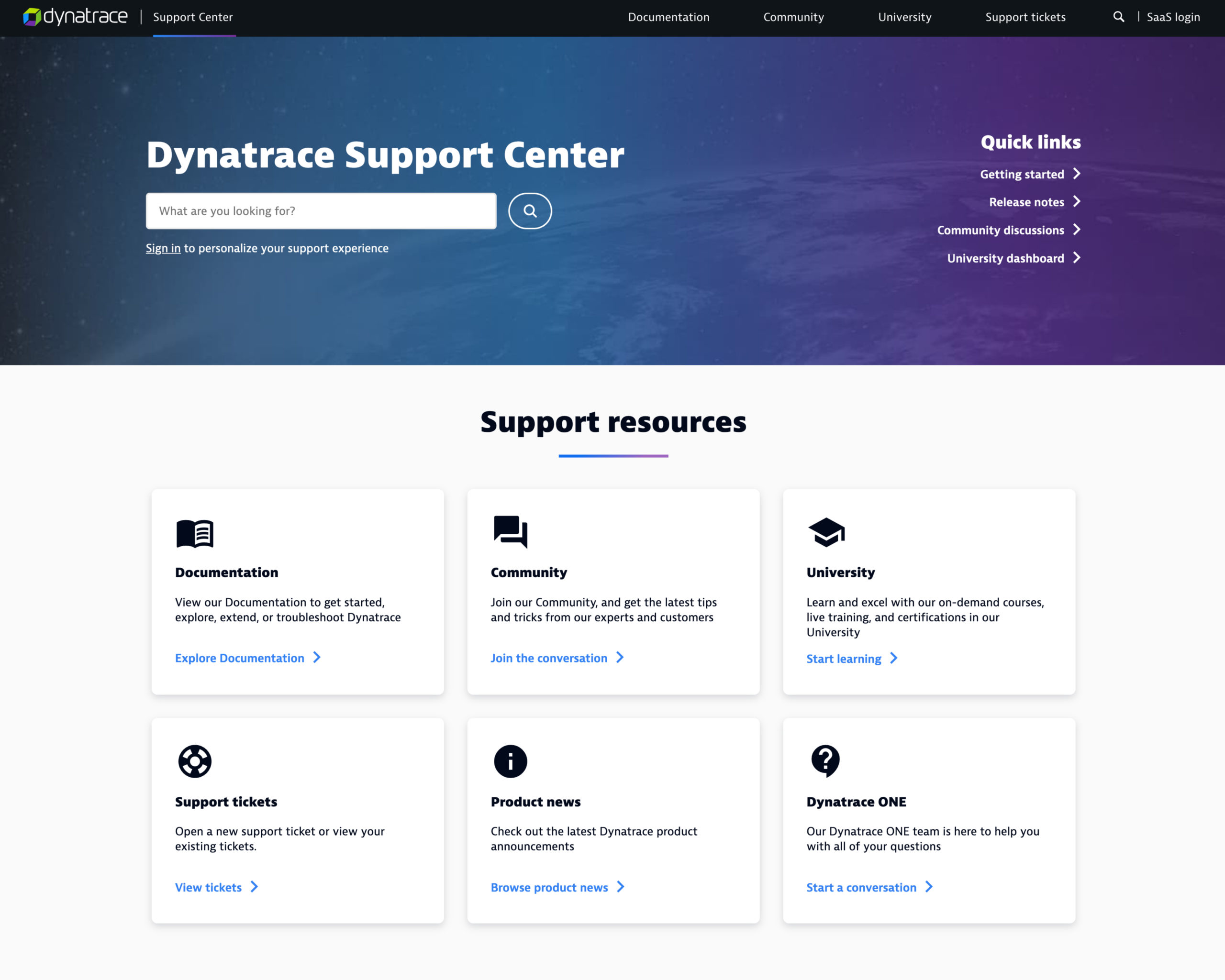 Screenshot of Dynatrace's new support center