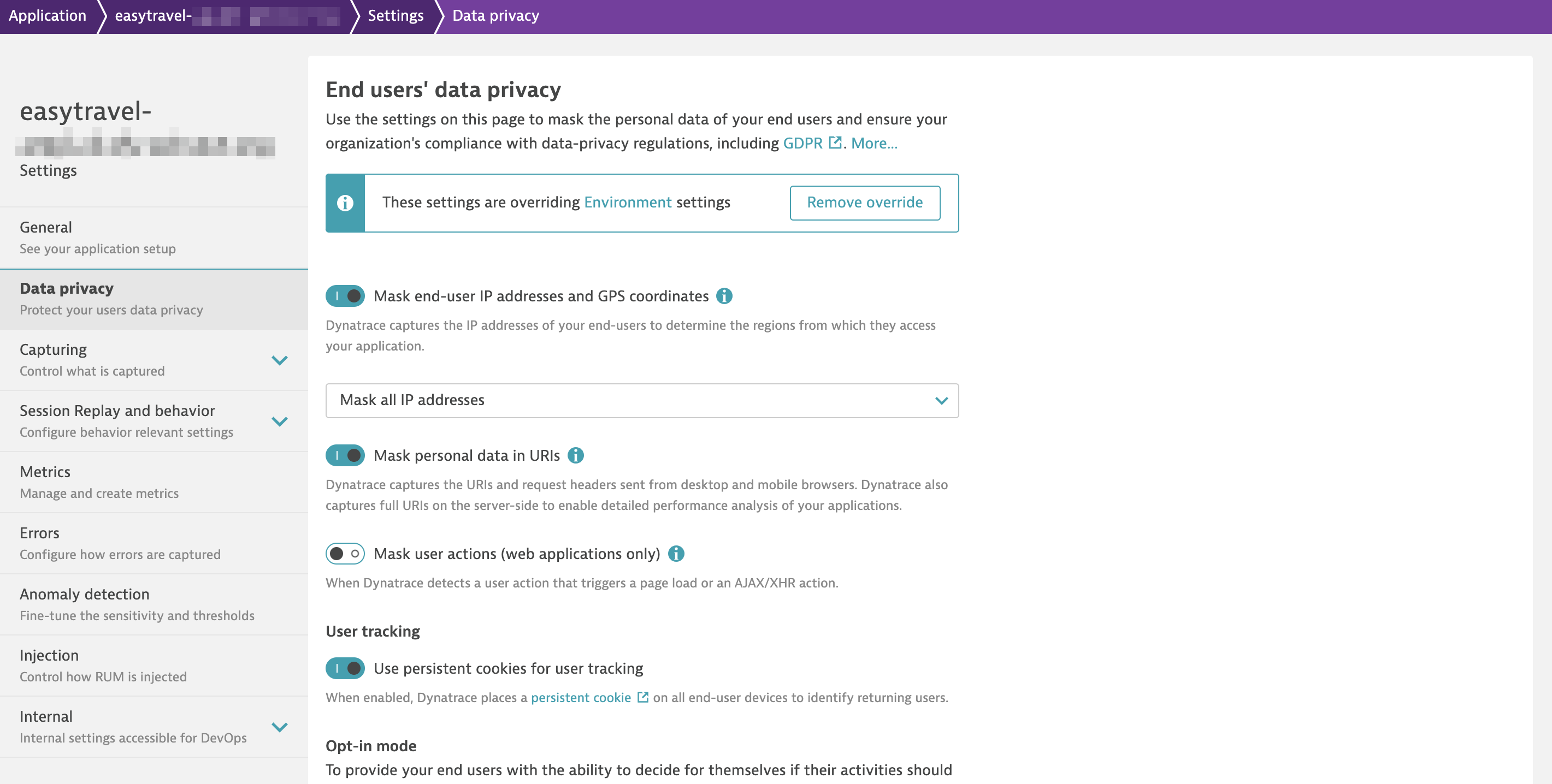 Application privacy settings override environment-level settings