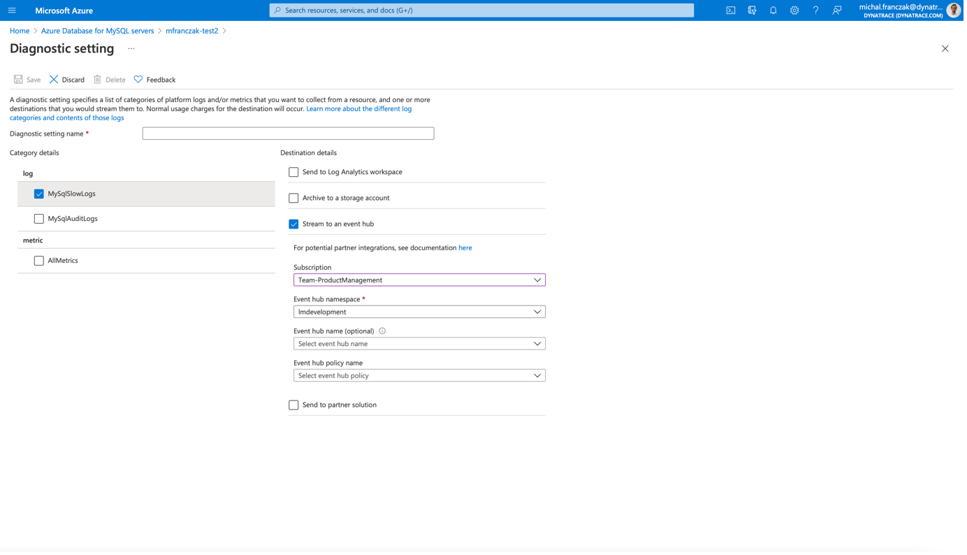 Azure Diagnostic settings Dynatrace screenshot