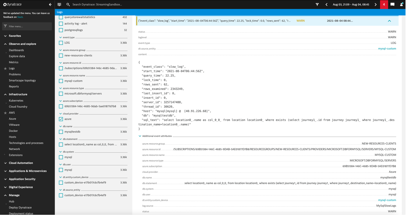 Azure service logs Dynatrace screenshot