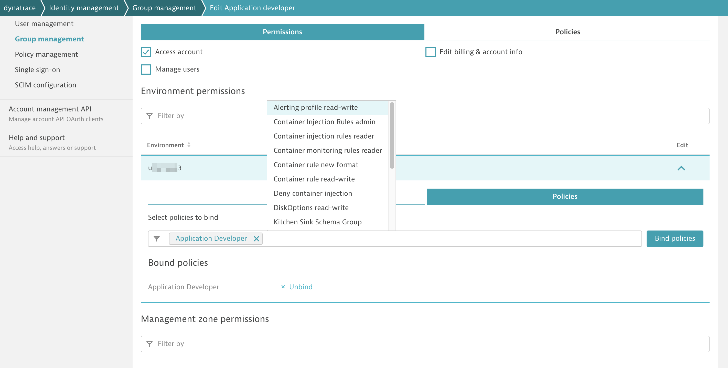 Binding a policy for settings configuration to a user group