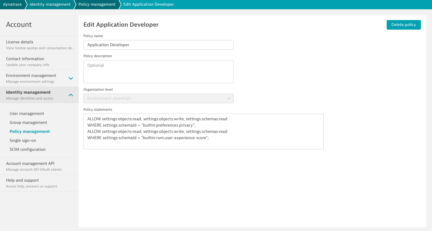 Creating a new policy “Application developer” and defining which settings can be accessed via the policy statement