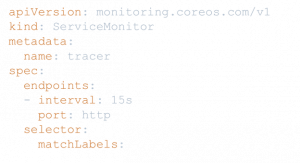 The ServiceMonitor has a label selector to select services and the information required to scrape the metrics from the service