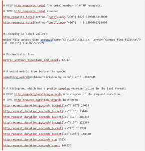 Example of metrics exposed by a Prometheus exporter.