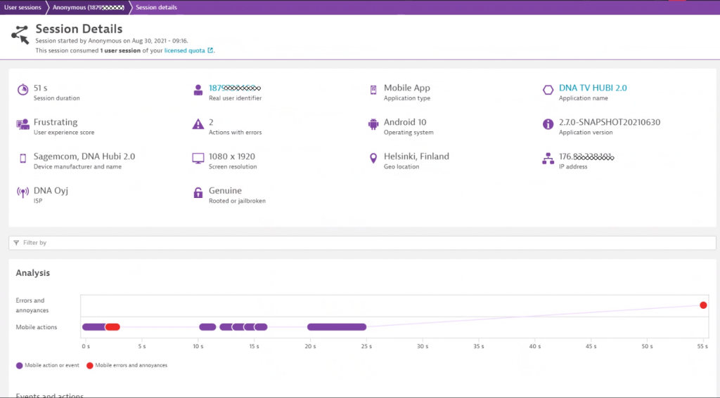 Session details provide valuable information about the actual device, active app version, network connection and more …