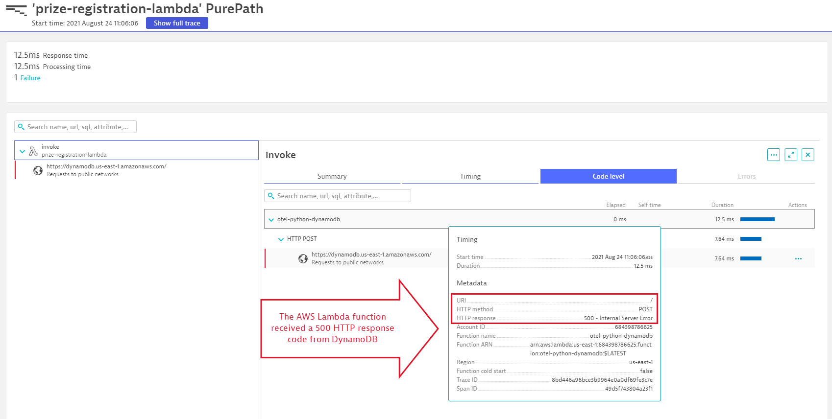 Screenshot Dynatrace issue code level