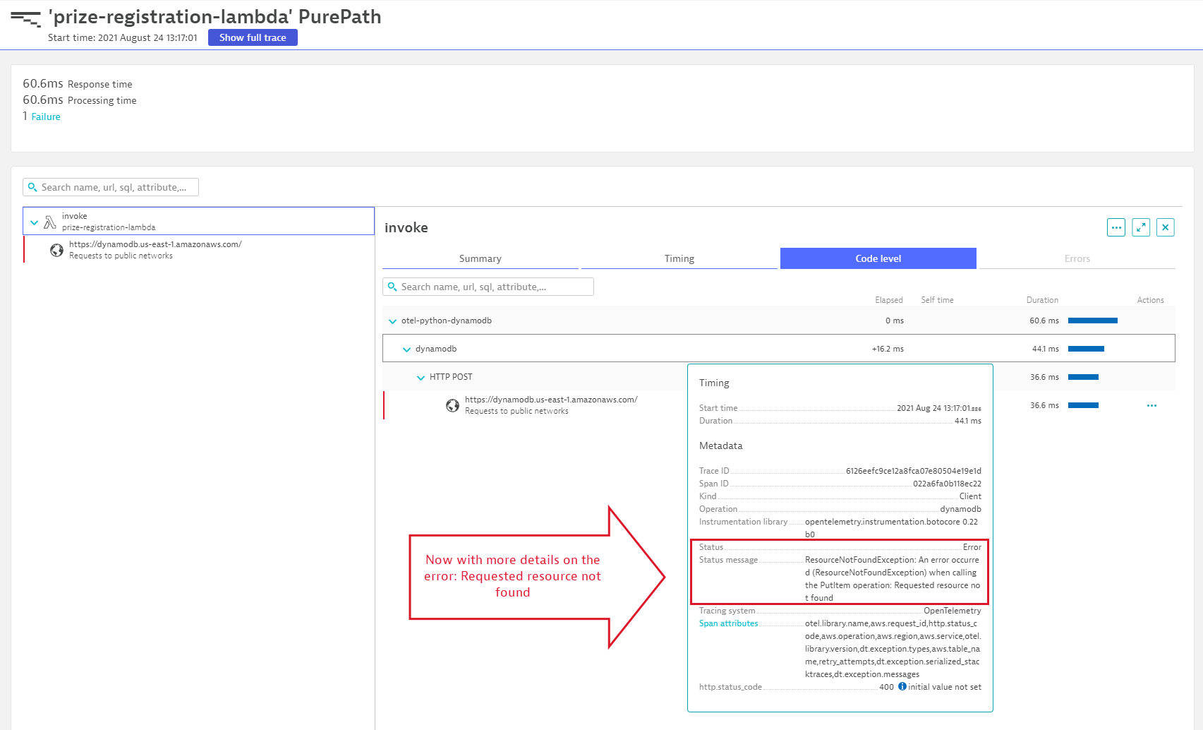 Screenshot Dynatrace AWS Distro for OpenTelemetry