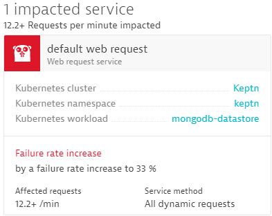 Dynatrace automatically baselines all service endpoints of all deployed workloads in k8s and alerts on abnormal behavior such as a jump in failure rate
