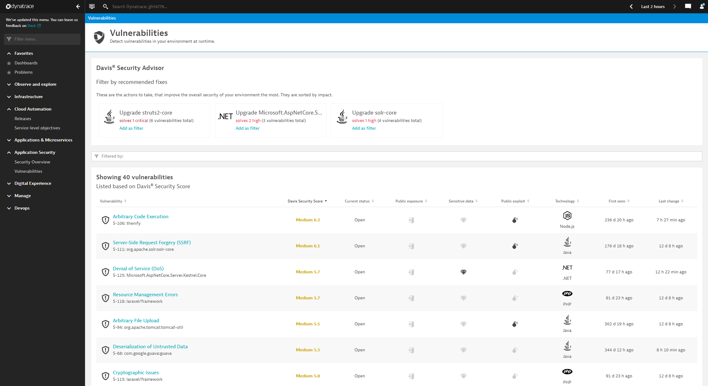 Vulnerabilities Dynatrace screenshot