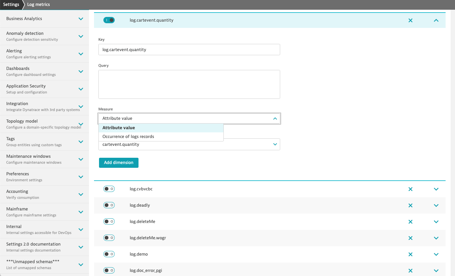 Log metrics Dynatrace screenshot