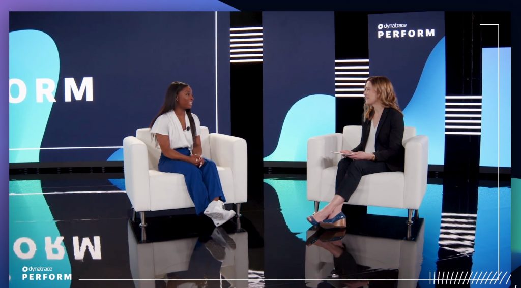 Simone Biles, Debbie Umbach talking at Dynatrace Perform 2022