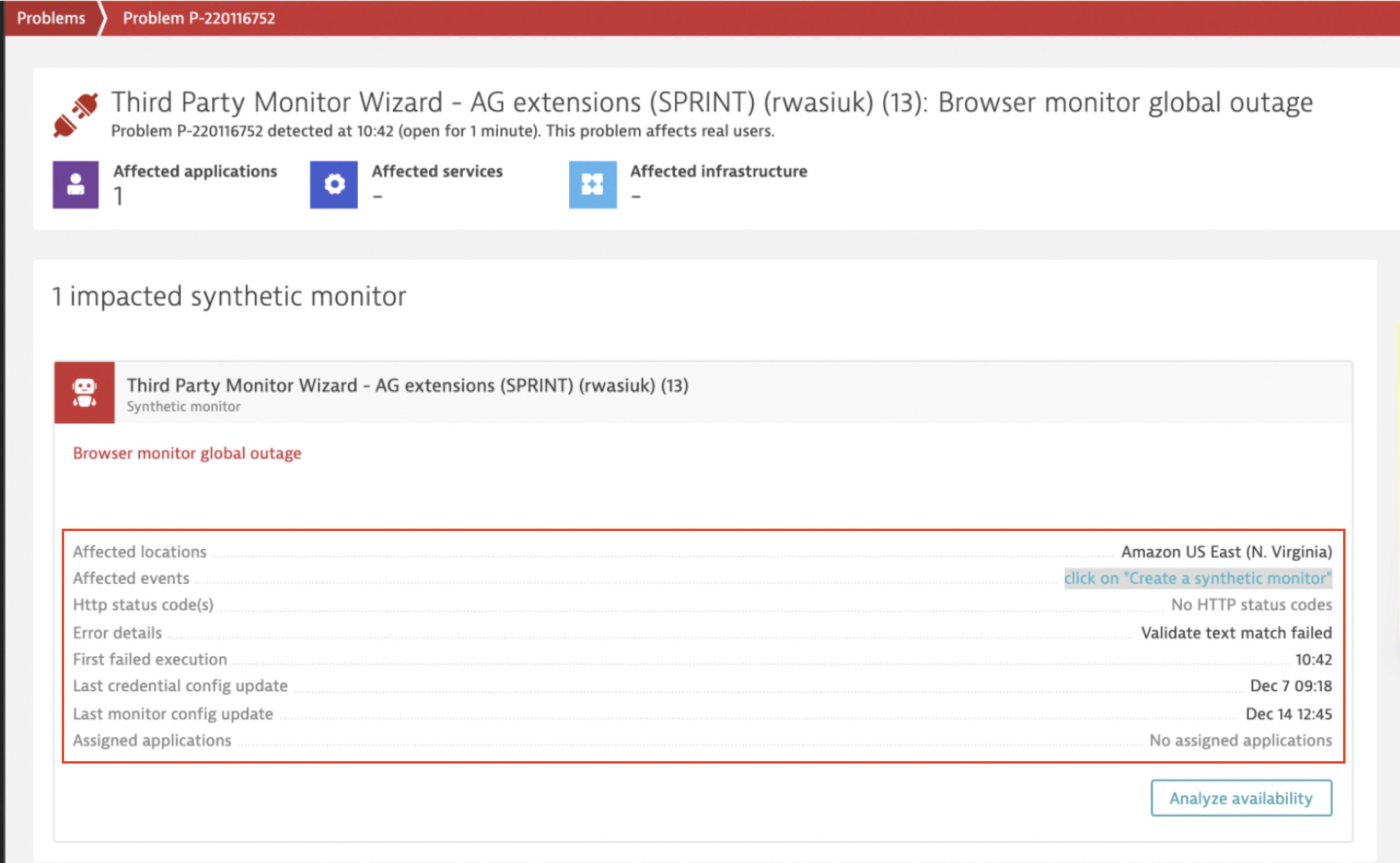 Synthetic problem troubleshooting Screenshot Dynatrace