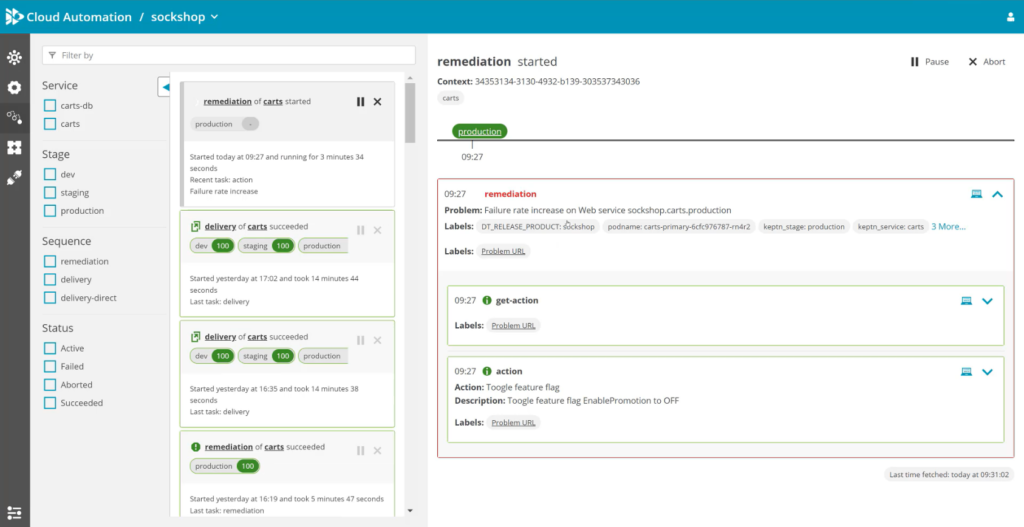 Dynatrace Cloud Automation offering with automated problem remediation screenshot
