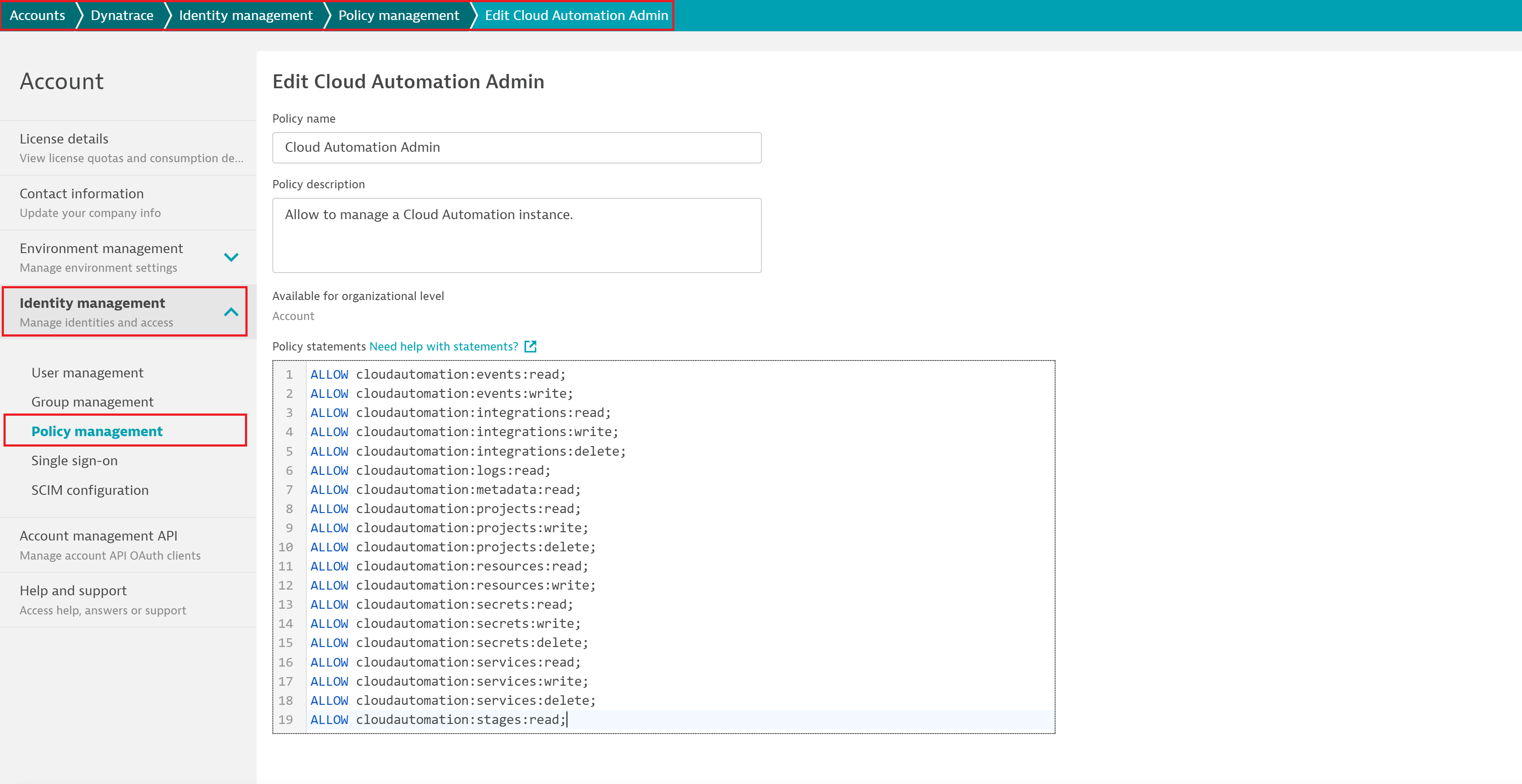 Policy management for Dynatrace Cloud Automation