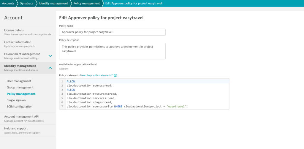 Edit Approver policy for Cloud Automation Dynatrace screenshot