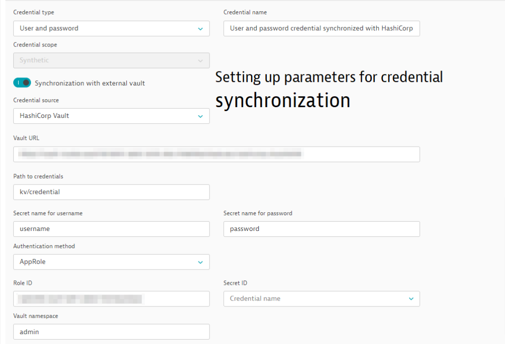 Setting up parameters for credentail synchronization Dynatrace screenshot
