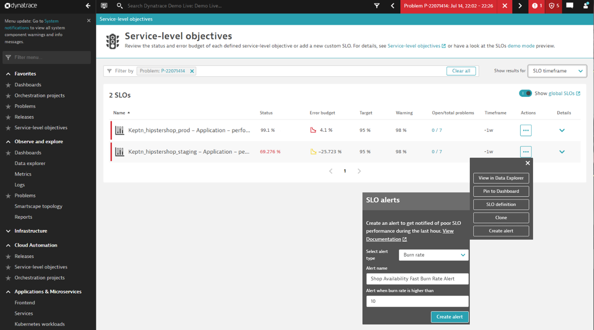 This SLO overview shows an error budget burn rate icon and enables you to create alerts for high error budget burn rates