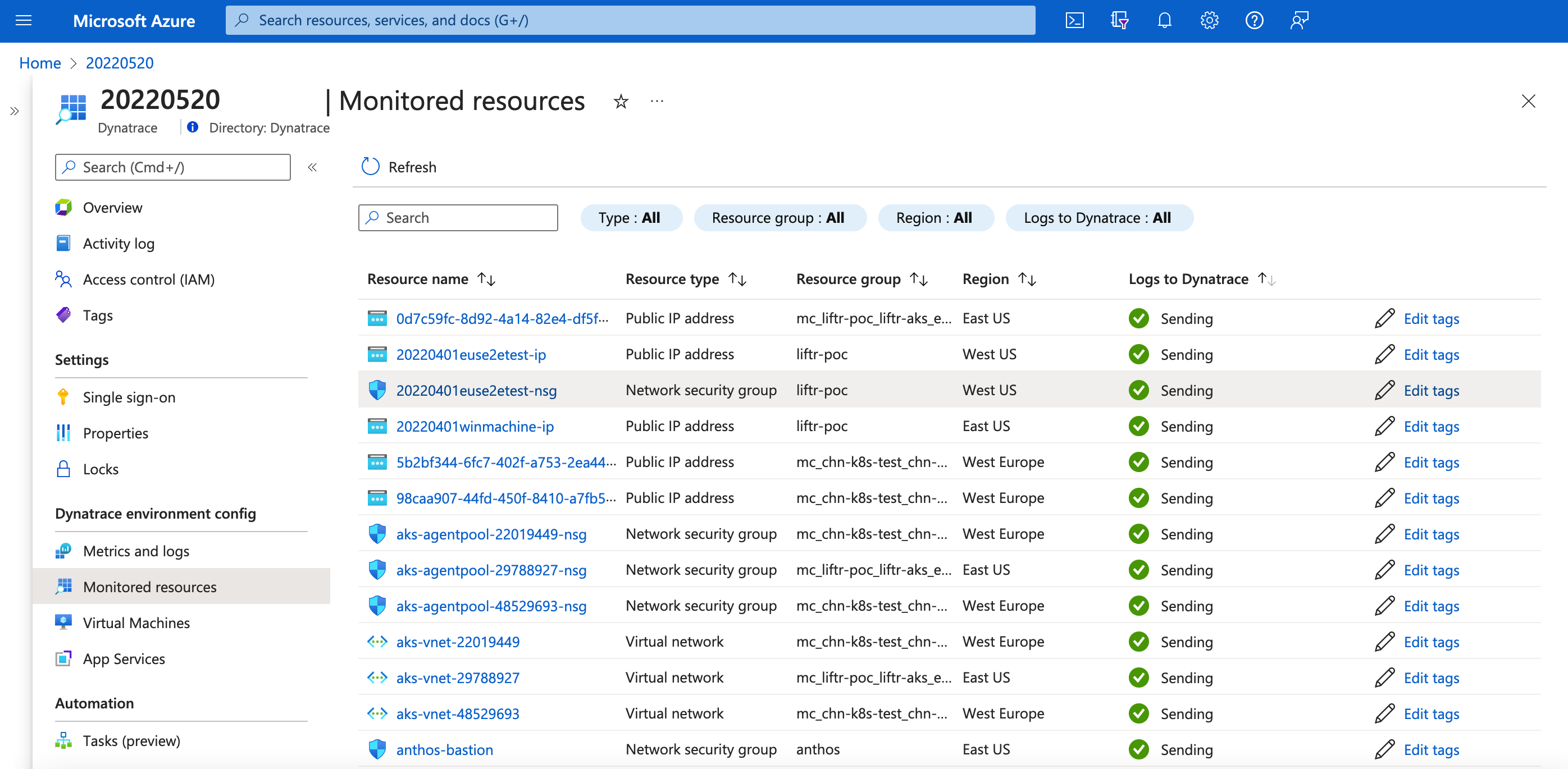 Monitored resources Microsoft Azure screenshot