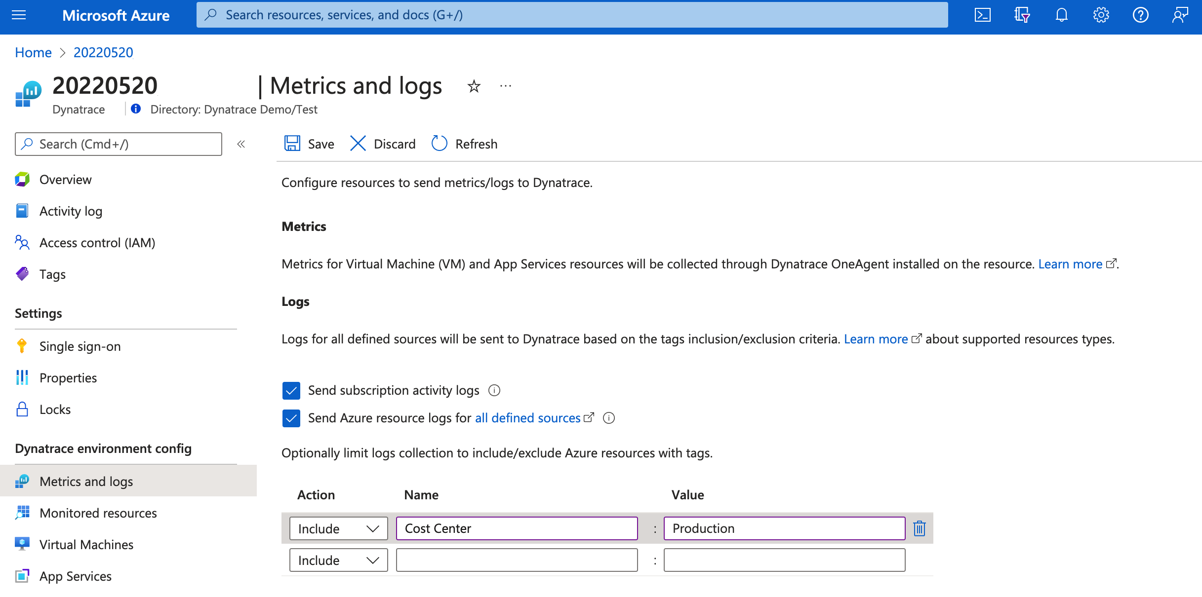 Metrics and logs Microsoft Azure screenshot