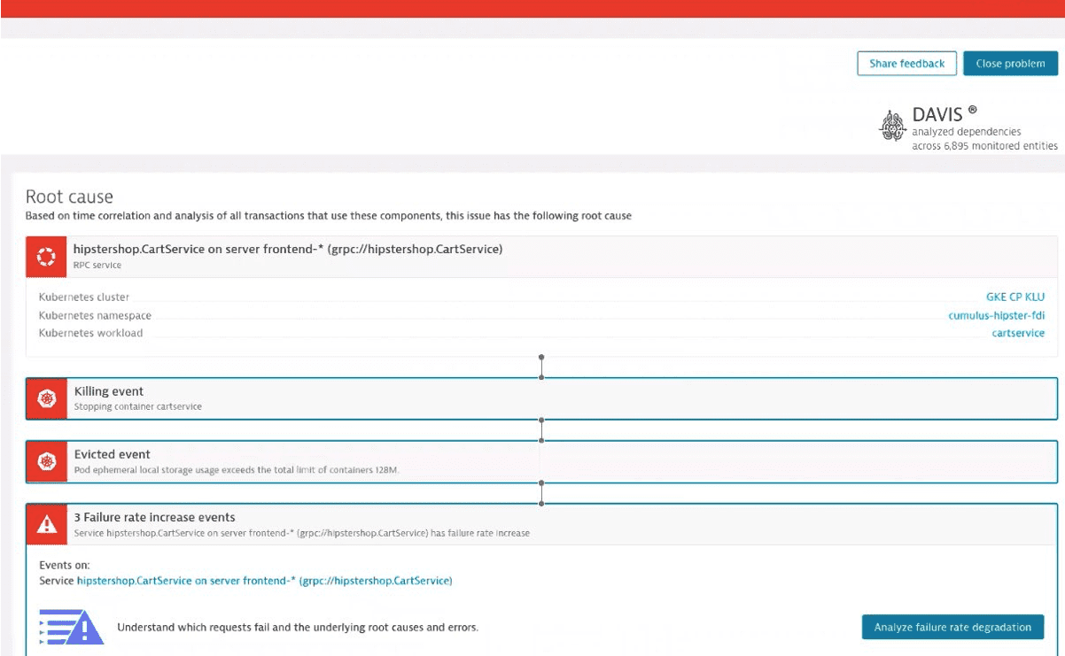 Kubernetes problem root cause Dynatrace screenshot