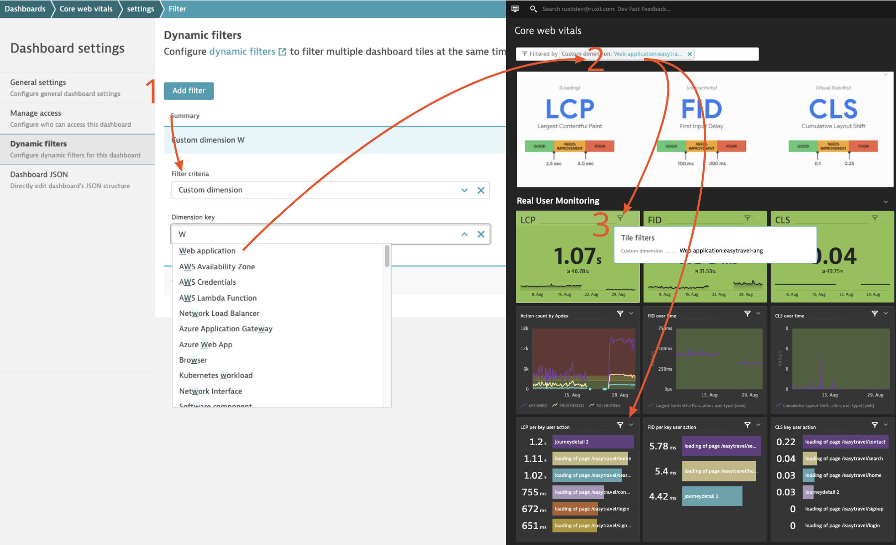 Here, on the bottom right, we filter a metric with key user actions by an application, a related entity type that doesn't exist as a dimension in the original metric