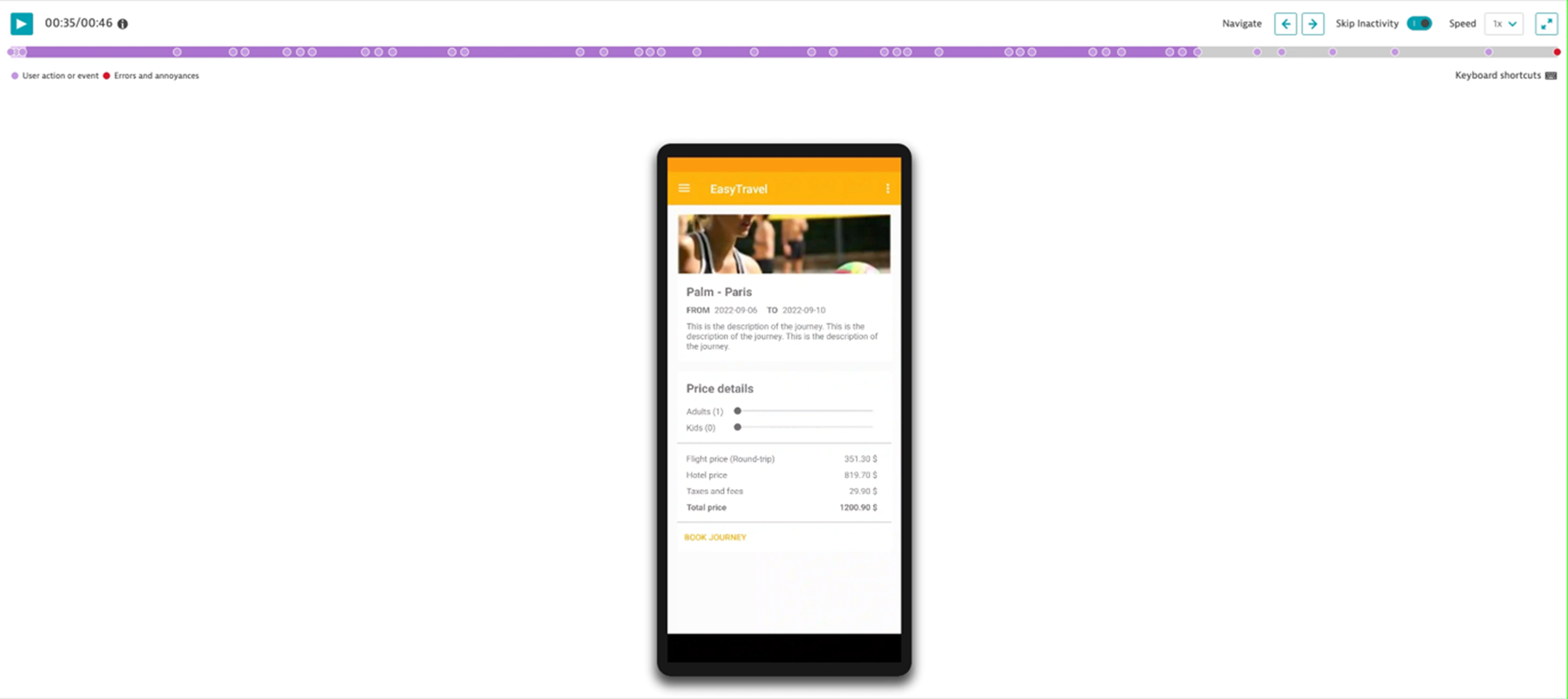 Mobile user journey Dynatrace session replay screenshot