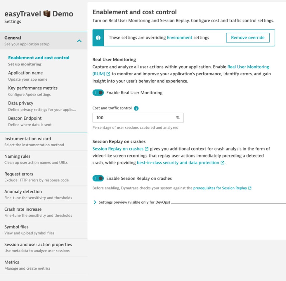 Enablement and cost control Dynatrace screenshot