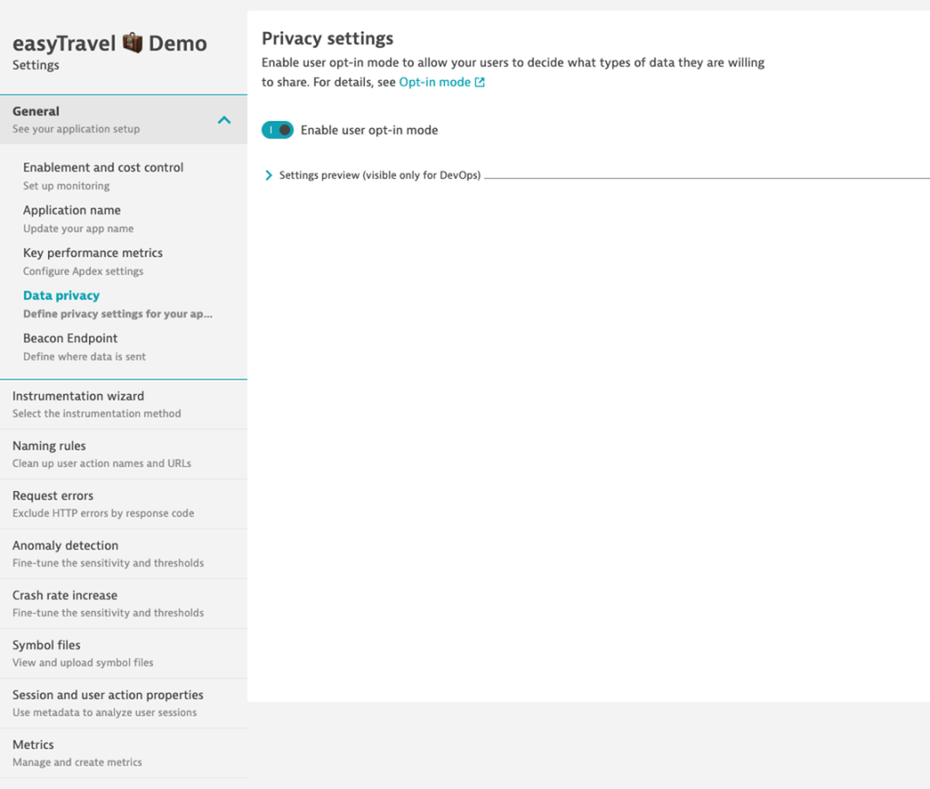 Privacy settings Dynatrace screenshot