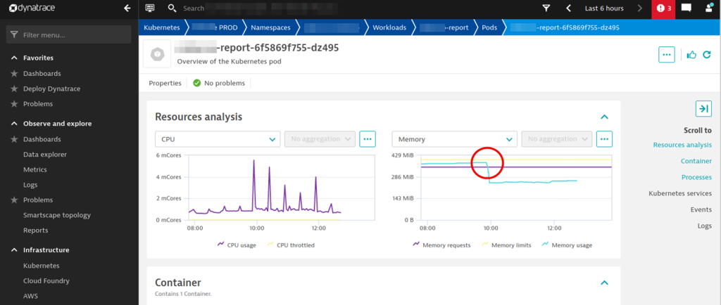 Screenshot that shows pod memory metrics indicating how k8s kills the pod when it reaches out of memory limit