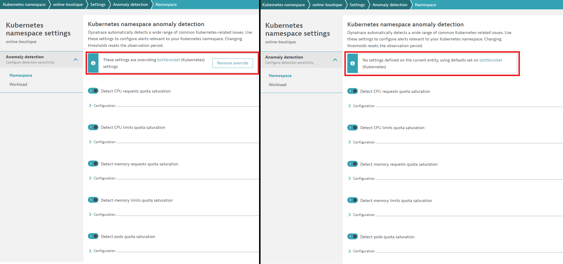 Kubernetes namespace defined settings in Dynatrace