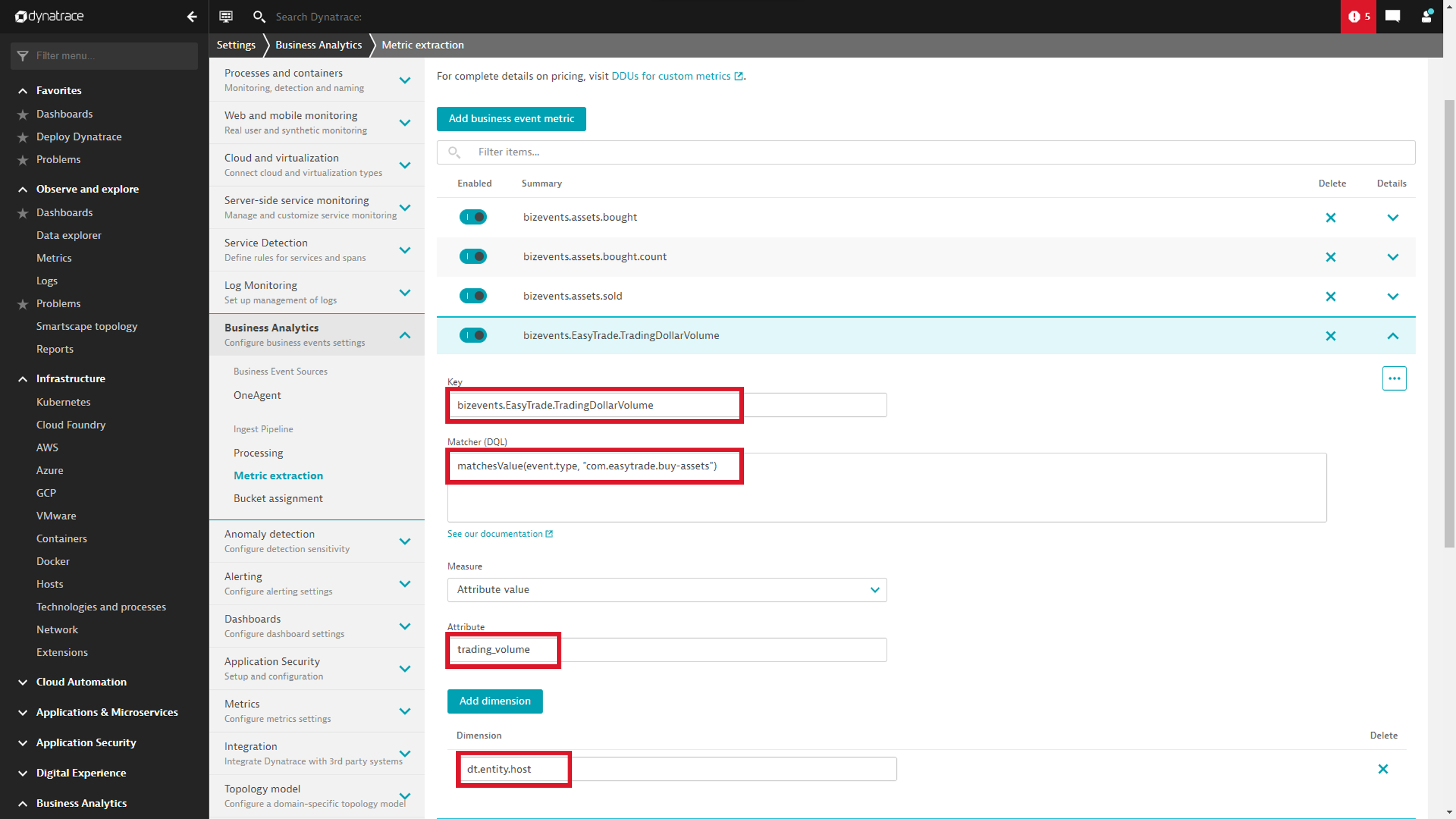 Business analytics metric extraction in Dynatrace screenshot