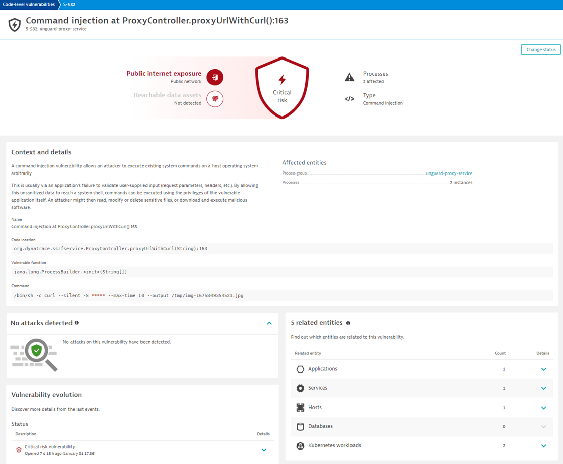 Code-level vulnerabilities Command injection detected by Dynatrace screenshot