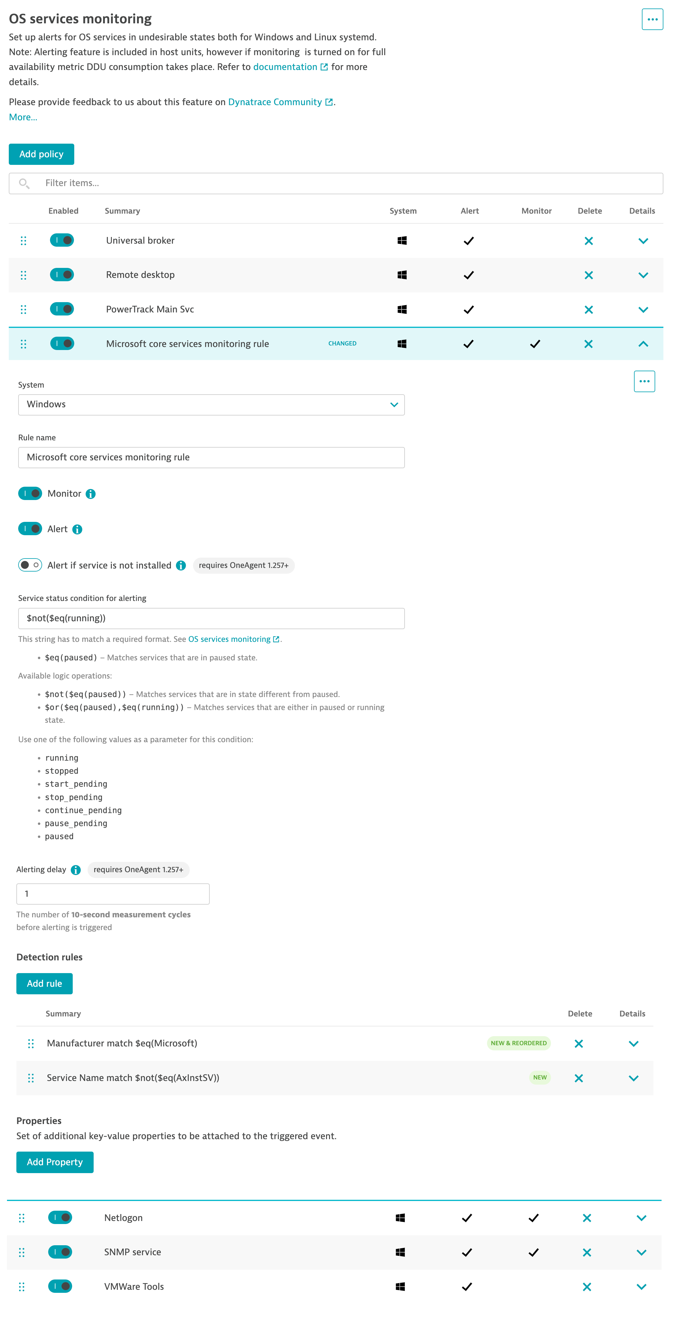 Figure 2 Set up alerts for OS services. 