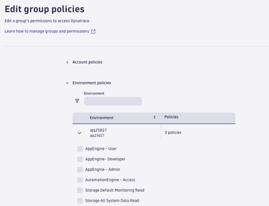 Assignment of policies to a user group