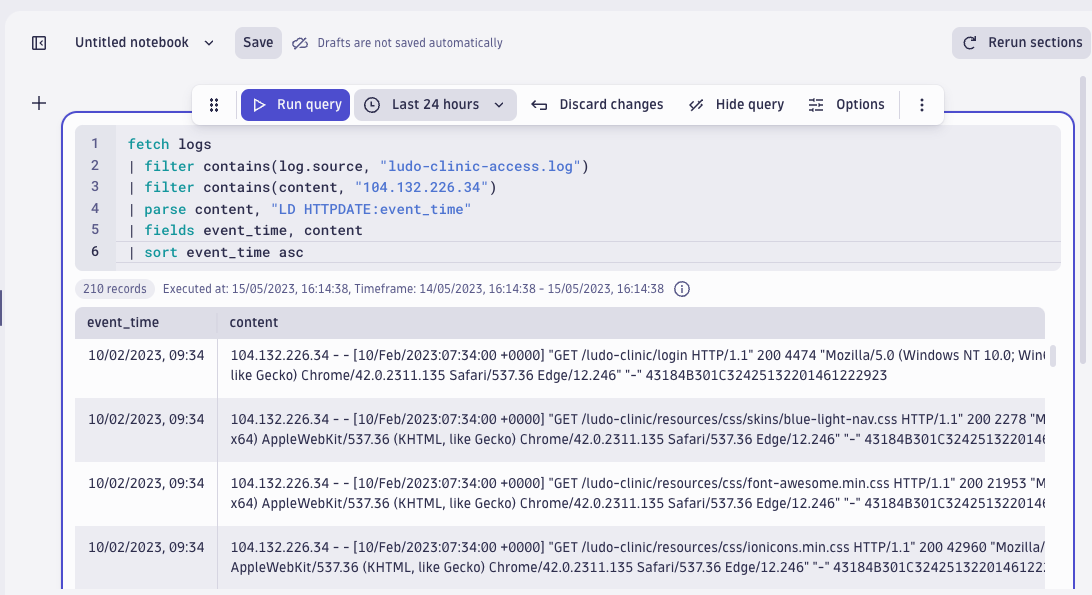 screenshot of log forensics query of the access log using Dynatrace Grail
