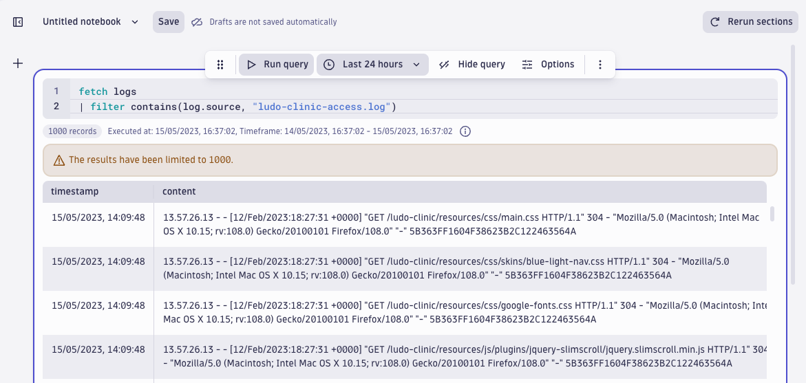 screenshot of query results showing extracted fields clientIP, requestURL, HTTP response code, and so on