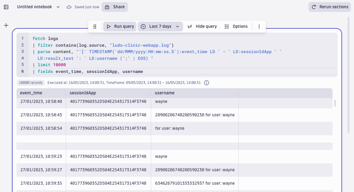 screenshot showing the results of parsing the fields of interest in the web application log