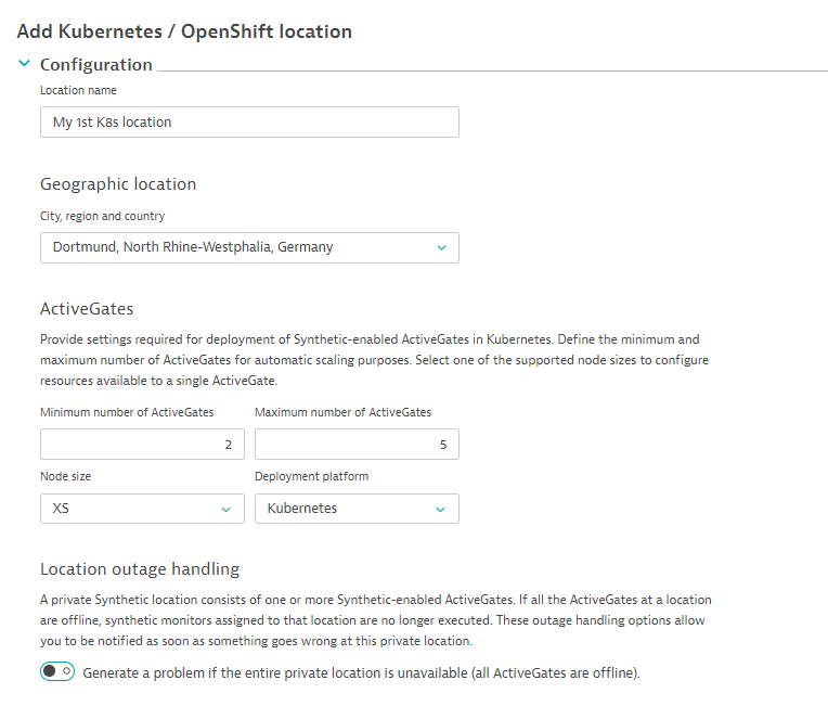 How to add Kubernetes or OpenShift locations in Dynatrace screenshot