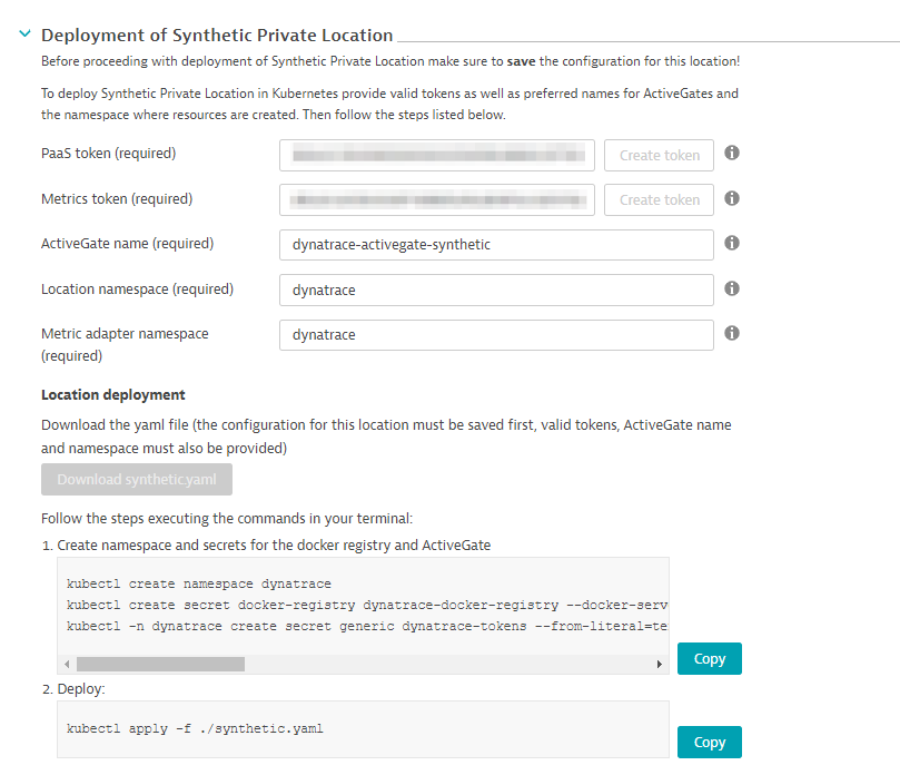 Deployment of Synthetic Private Location in Dynatrace screenshot