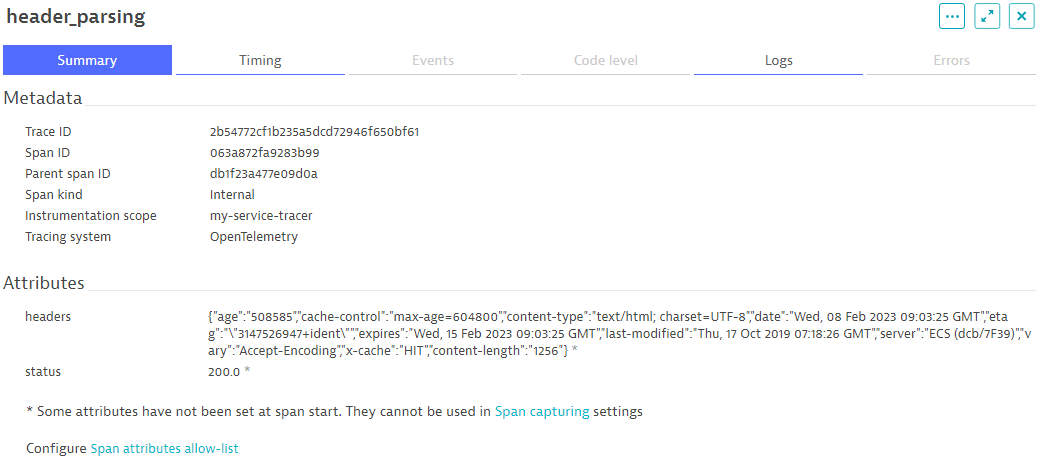 OpenTelemetry demo: screenshot of the metadata and attributes associated with the demo app JavaScript span