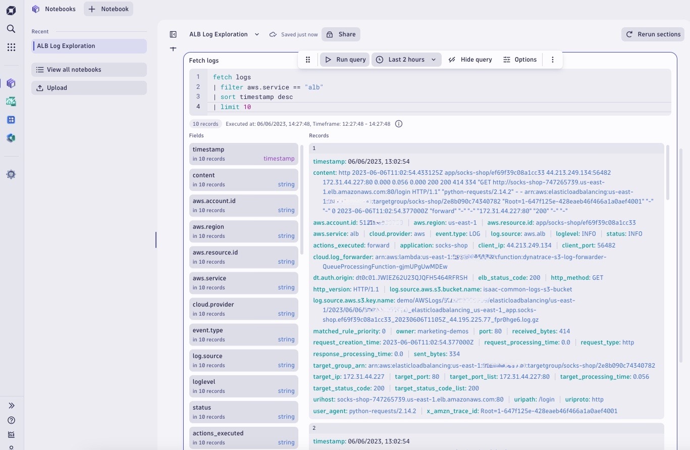 Use Notebooks on the Dynatrace platform to analyze logs from AWS Application Load Balancer.