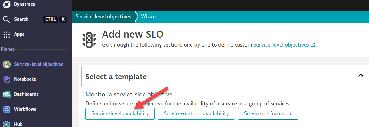 Select a SLO template in Dynatrace interface