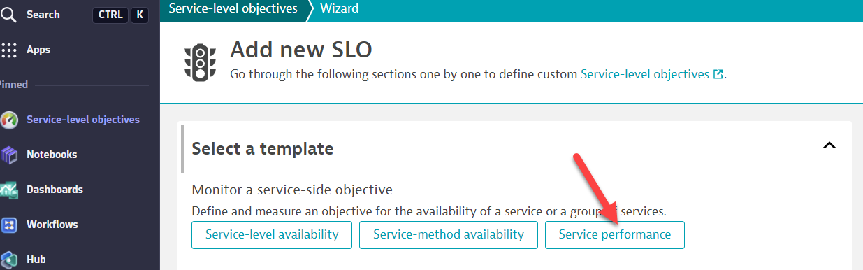 select a SLO template service performance in the Dynatrace interface