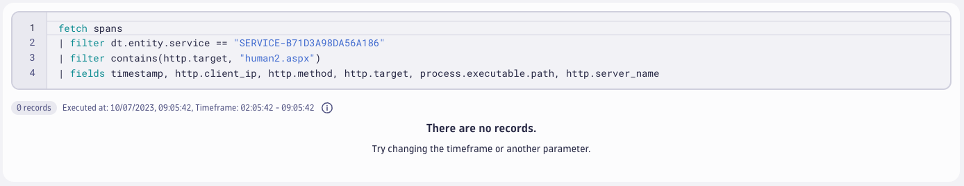 Find spans that contacted the endpoint human2.aspx in MOVEit Transfer vulnerability