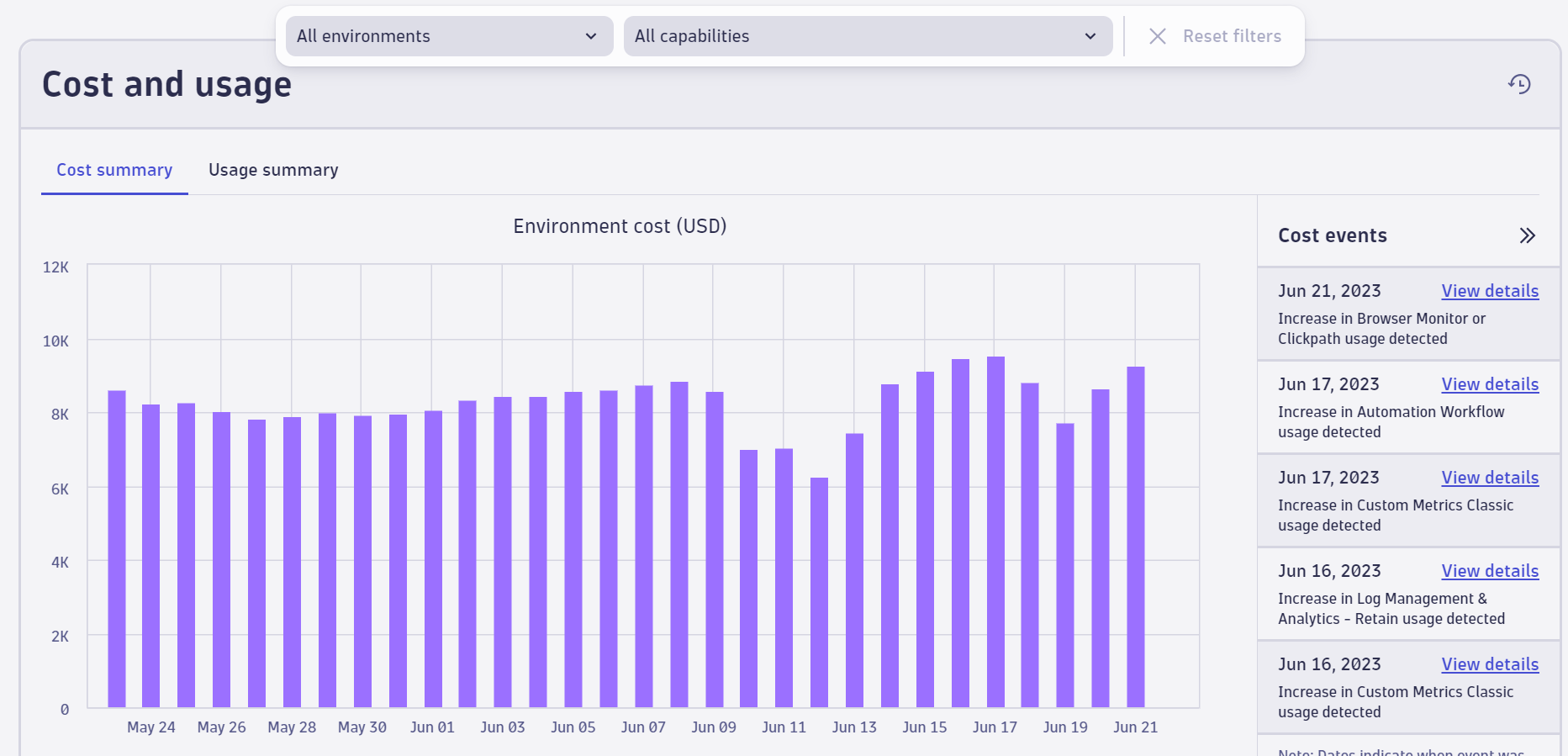 Cost events displayed in the Account Management web UI.