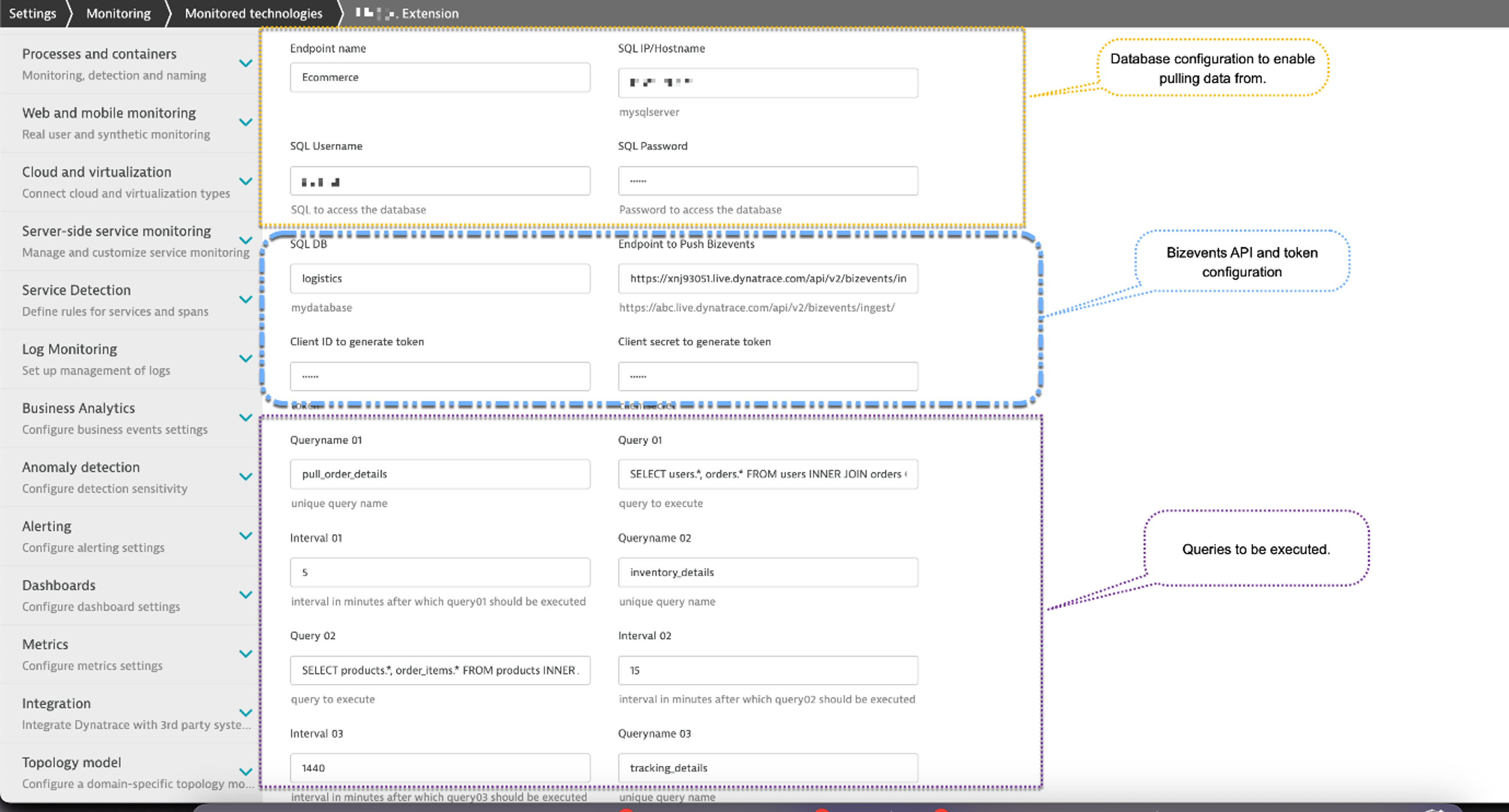 Dynatrace extension settings SQL DB