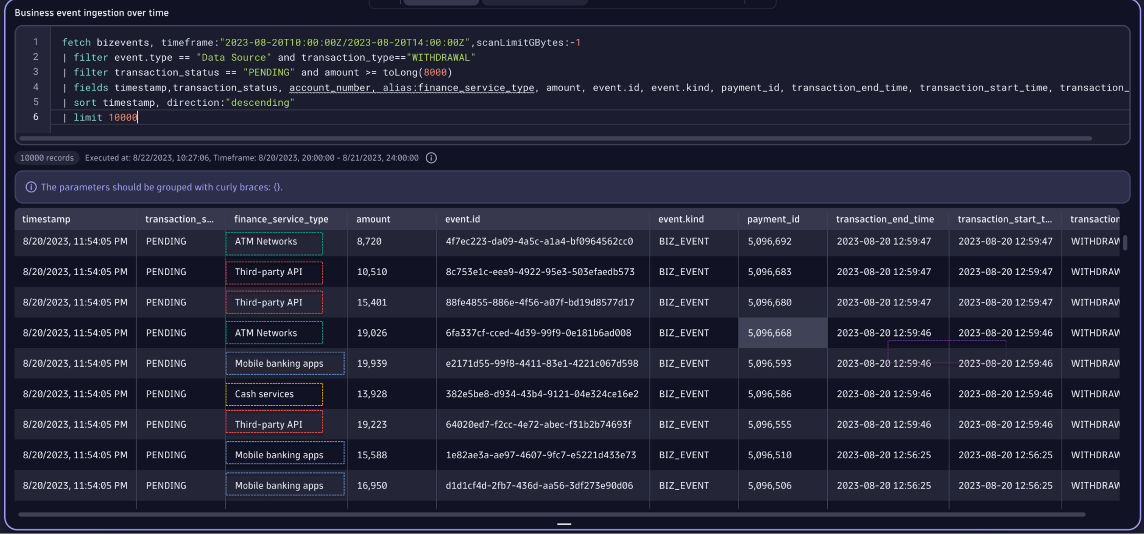 Pending transactions query in Dynatrace screenshot