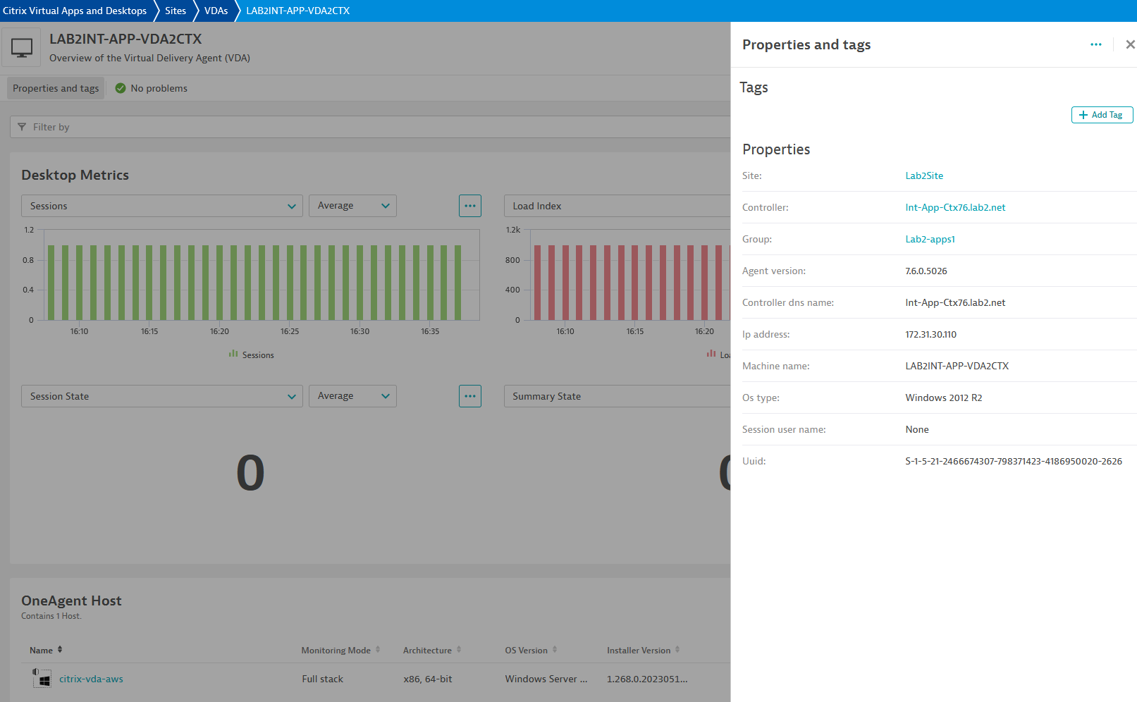 Citrix properties and tags in Dynatrace screenshot