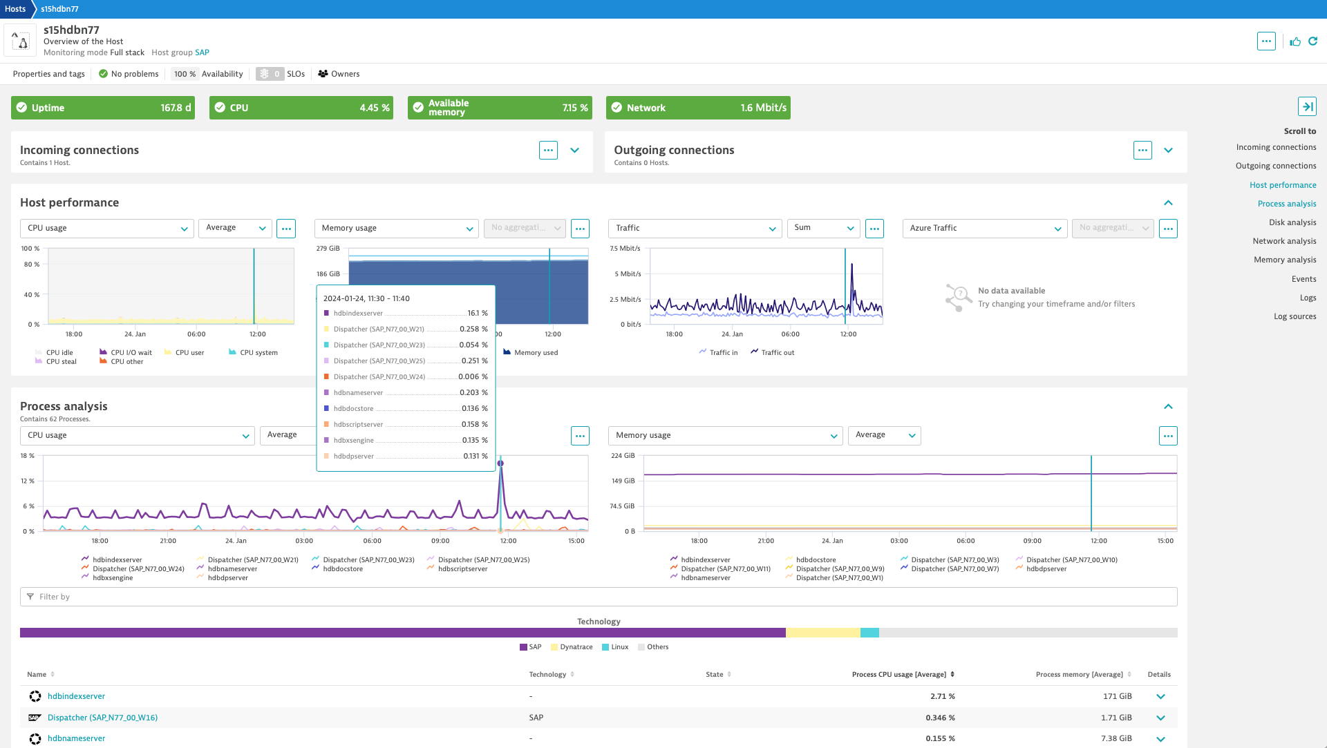 SAP HANA server infrastructure monitored with OneAgent.