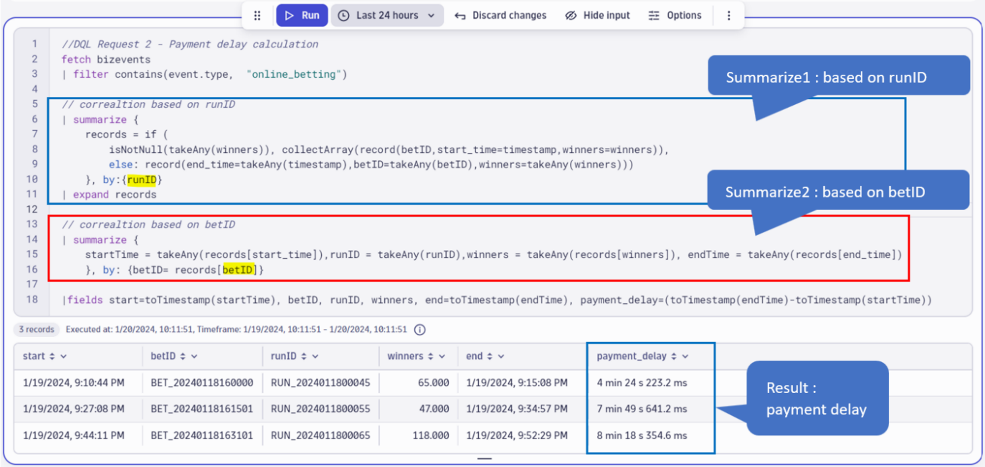 Use the DQL summarize command to correlate business events with different correlation IDs